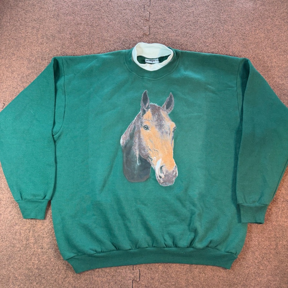 A+ Vintage Lee Horse Graphic Sweatshirt Green Double Collar Made in USA XL